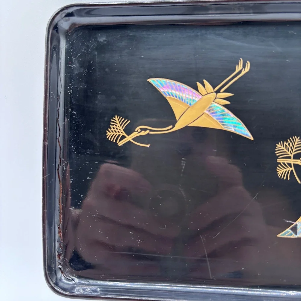 Zohiko Black‎ Lacquer Tray Gold Crane Japanese Mother of Pearl Inlay 6.75x4.5